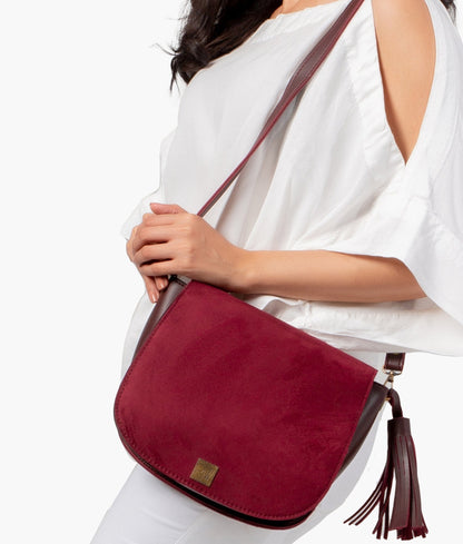 Burgundy suede foldover saddle bag