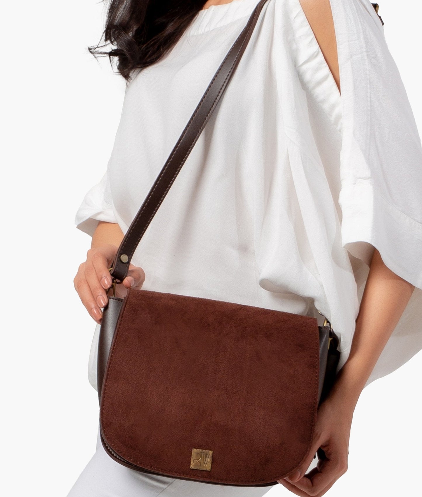 Dark brown suede foldover saddle bag