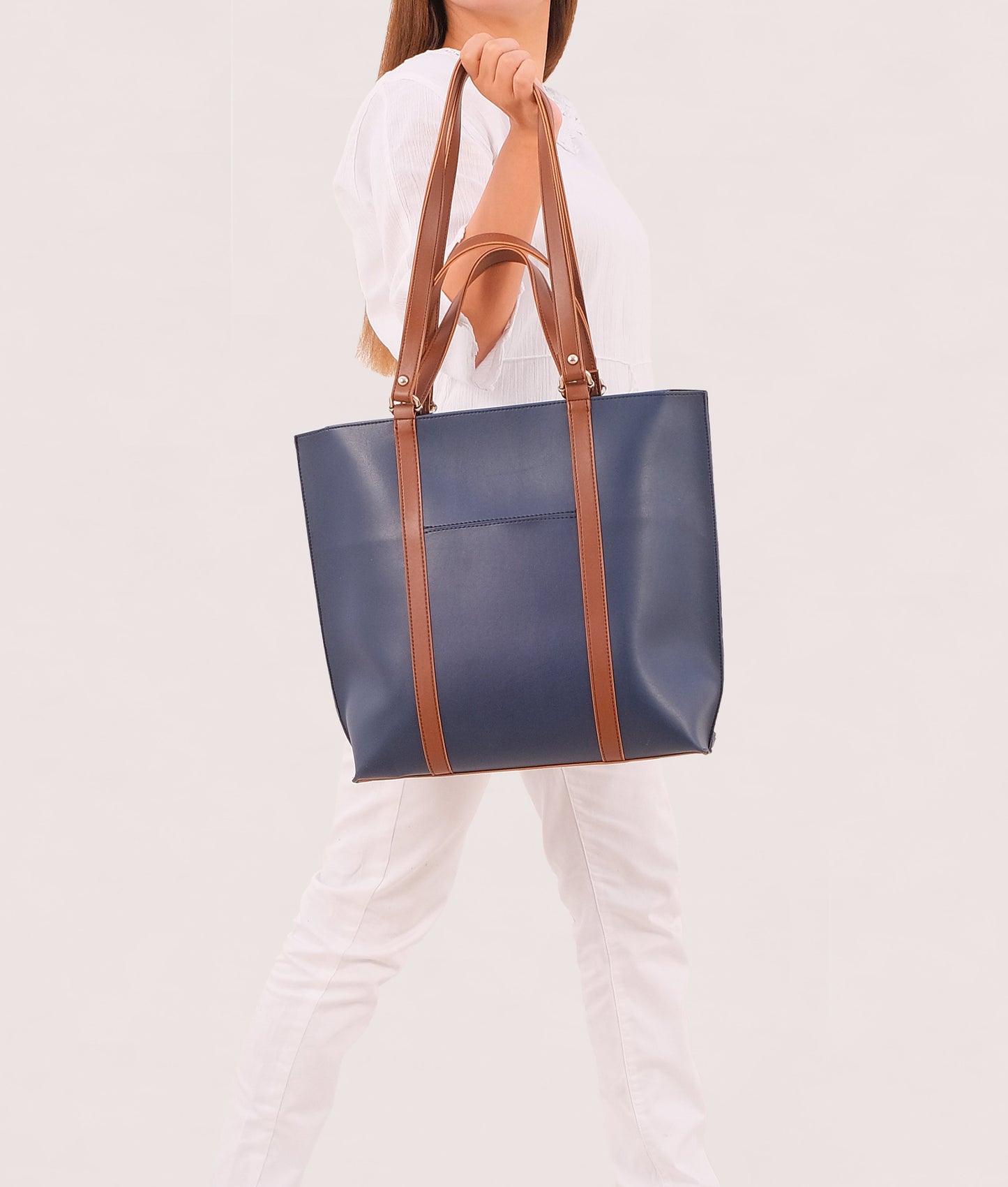 Blue and brown double-handle tote bag