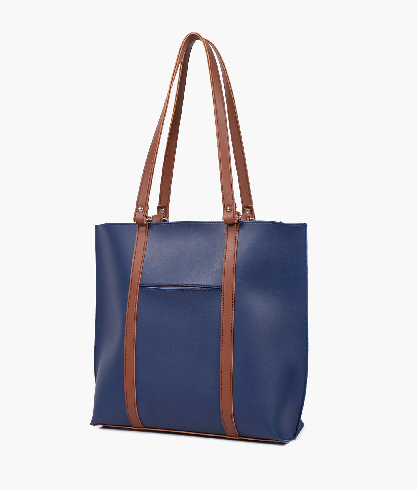 Blue and brown double-handle tote bag