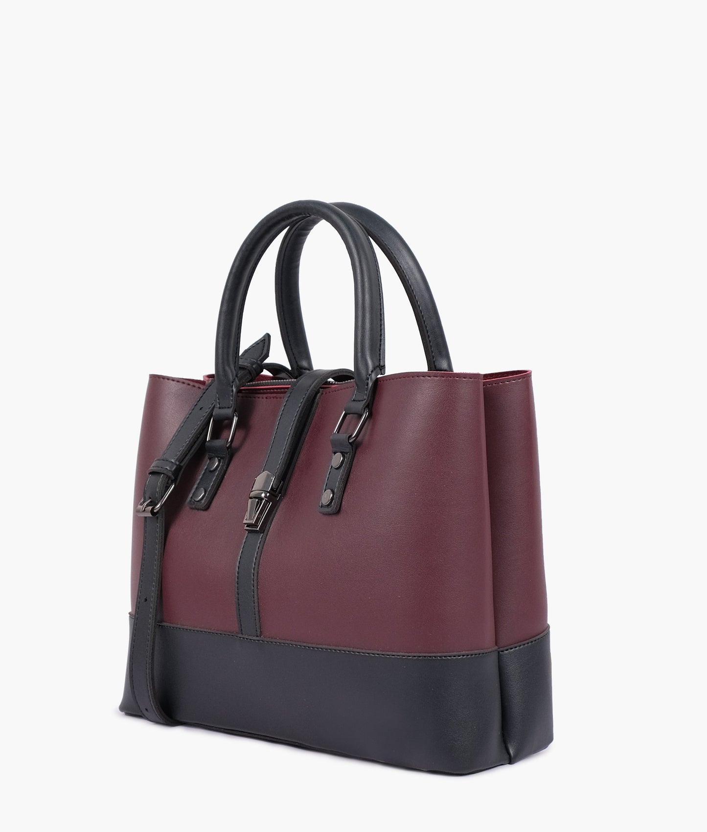 Burgundy and black multi-compartment shoulder bag