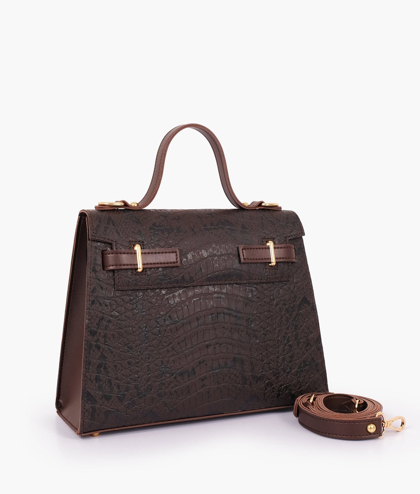 Dark brown crocodile cross-body bag with top-handle