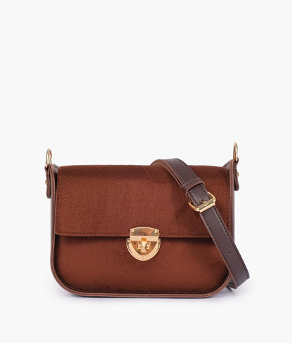 Dark brown suede saddle bag with twist lock